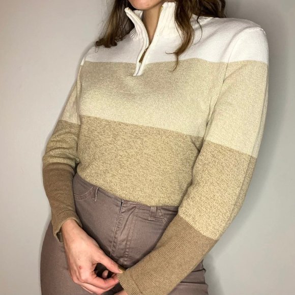 Striped Cotton 1/4-Zip Sweater Ombre Sz Large Tan - Picture 6 of 10